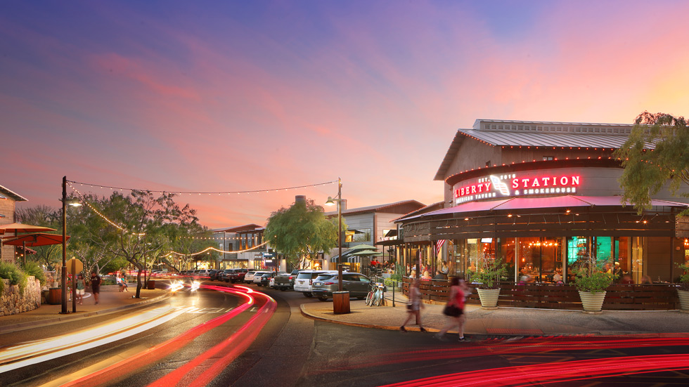 Open Air shopping center at dusk.