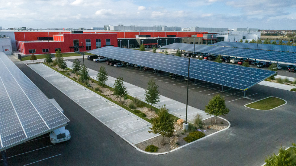 Industrial facility with solar carports in Texas.