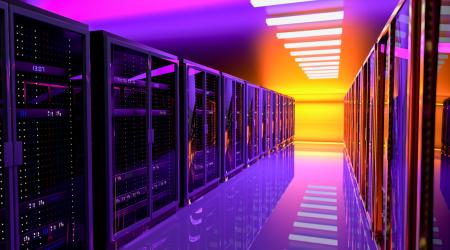 Colorful photo of the inside of a server farm