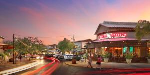 Open Air shopping center at dusk.